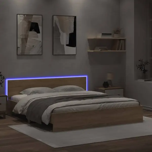 Gossi cadru de pat cu tablie si led, stejar sonoma, 200x200 cm