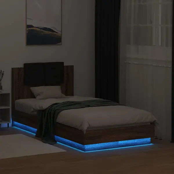 Gossi cadru de pat cu tablie si lumini led, stejar maro, 75x190 cm