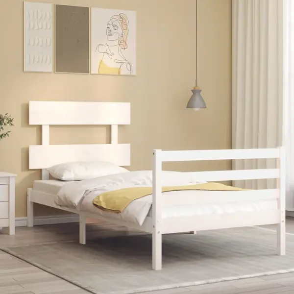Gossi cadru de pat cu tablie single, alb, lemn masiv