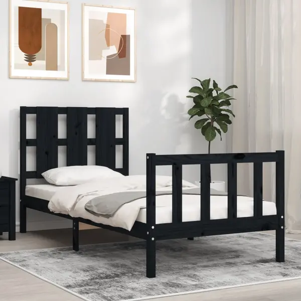 Gossi cadru de pat cu tablie small single, negru, lemn masiv
