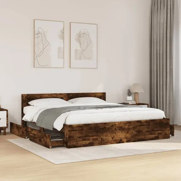 Gossi cadru de pat cu tablie stejar fumuriu 200x200 cm lemn prelucrat