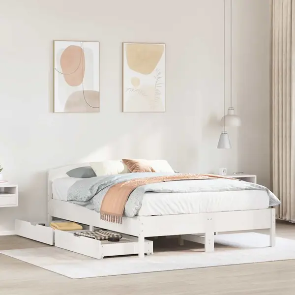 Gossi cadru de pat fara saltea, alb, 135x190 cm, lemn masiv de pin
