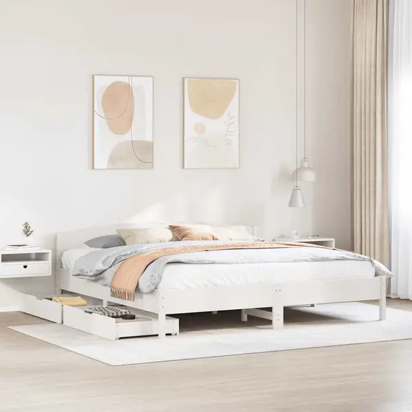 Gossi cadru de pat fara saltea, alb, 200x200 cm, lemn masiv pin