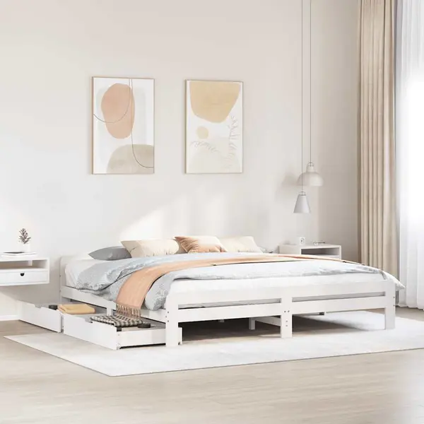 Gossi cadru de pat fara saltea, alb, 200x200 cm, lemn masiv pin