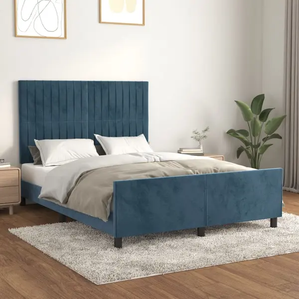 Gossi cadru de pat fara saltea, albastru inchis, 140x190 cm, catifea