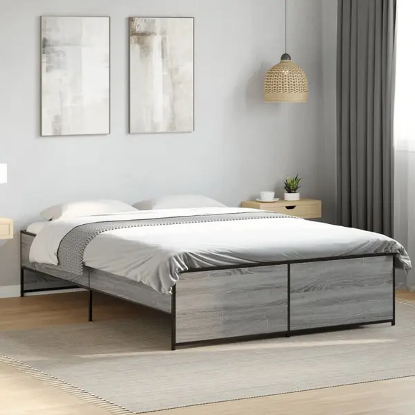 Gossi cadru de pat, gri sonoma, 135x190 cm, lemn prelucrat si metal