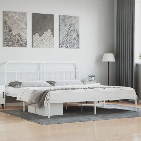 Gossi cadru de pat metalic cu tablie, alb, 200x200 cm