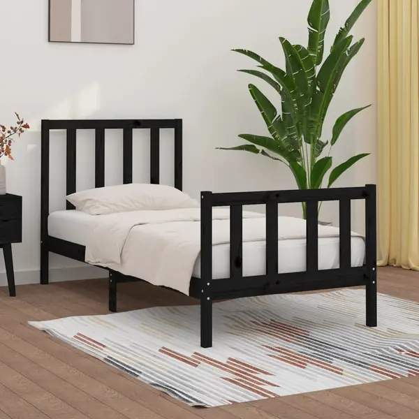 Gossi cadru de pat mic single, negru, 75x190 cm, lemn masiv