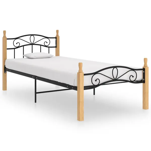 Gossi cadru de pat, negru, 90x200 cm, metal si lemn masiv de stejar