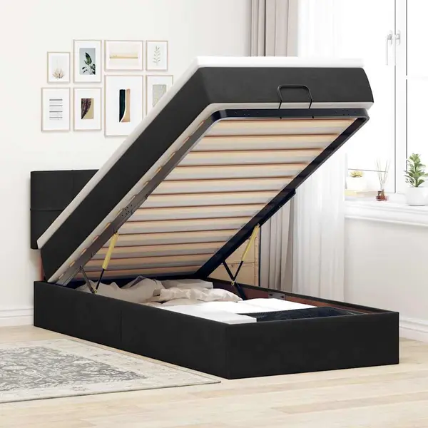 Gossi cadru de pat otoman cu saltea, catifea neagra 90x200 cm