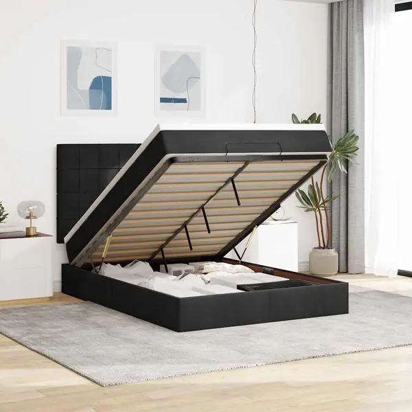 Gossi cadru de pat otoman cu saltele, catifea neagra 140x190cm