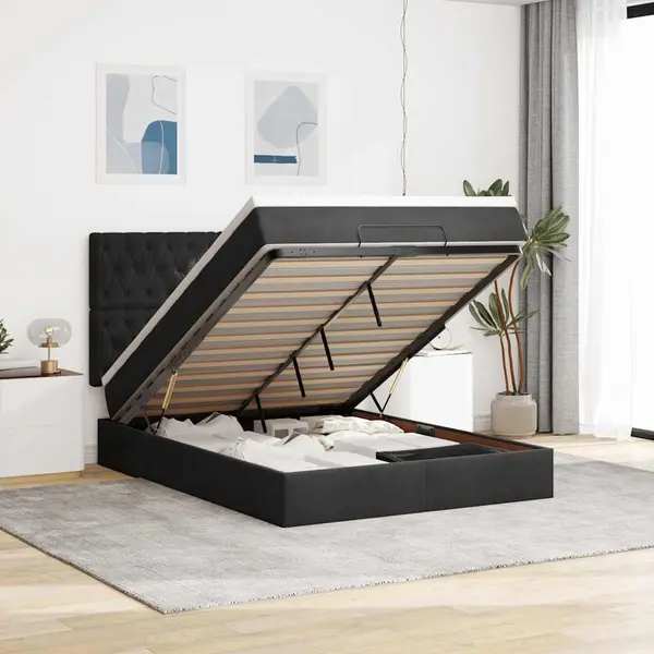 Gossi cadru de pat otoman cu saltele, catifea neagra 140x190cm