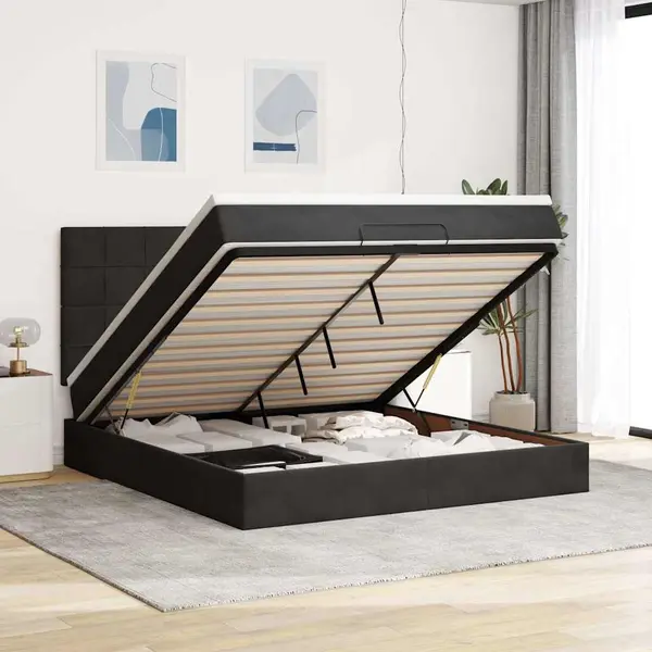 Gossi cadru de pat otoman cu saltele, catifea neagra 180x200cm