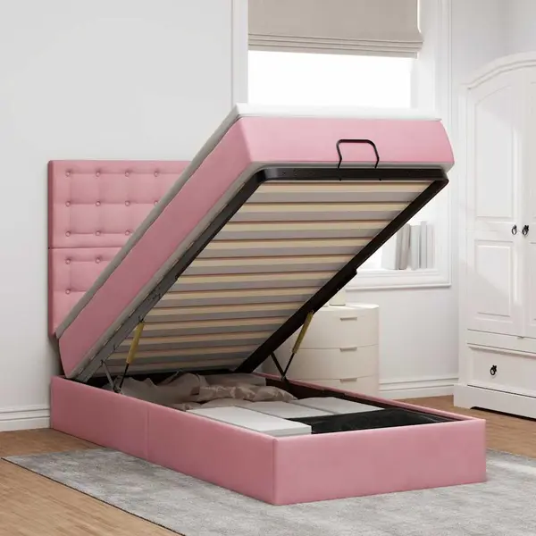 Gossi cadru de pat otoman cu saltele, catifea roz 90x200cm