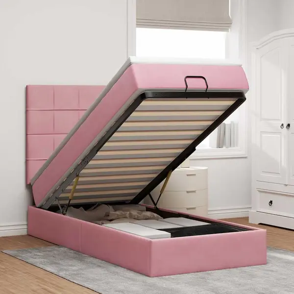 Gossi cadru de pat otoman cu saltele, catifea roz 90x200cm