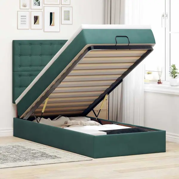 Gossi cadru de pat otoman cu saltele, catifea verde inchis 90x200cm