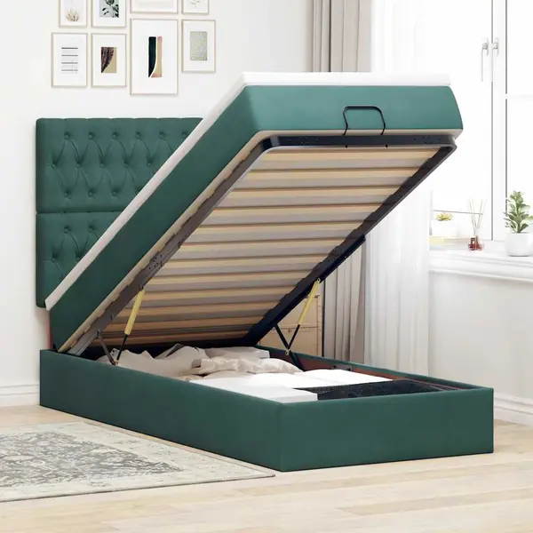 Gossi cadru de pat otoman cu saltele, catifea verde inchis 90x200cm