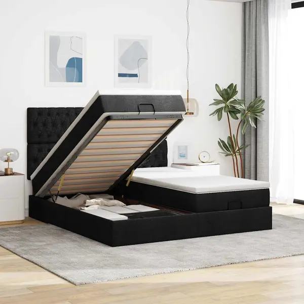 Gossi cadru de pat otoman cu saltele, material negru 180x200cm