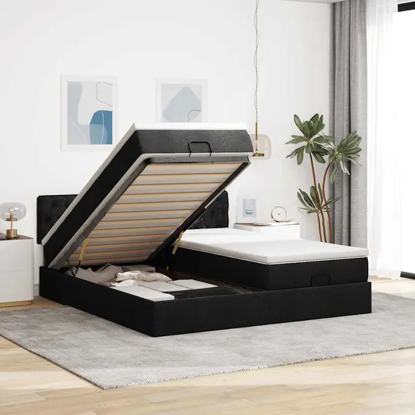 Gossi cadru de pat otoman cu saltele, material negru 180x200cm