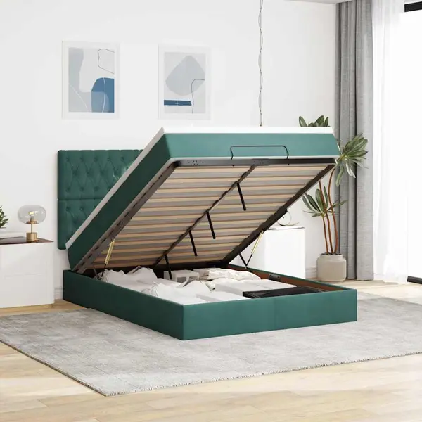 Gossi cadru de pat otoman cu saltele verde inchis 140x200cm catifea