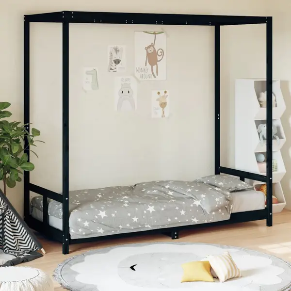 Gossi cadru de pat pentru copii, negru, 80x200 cm, lemn masiv de pin