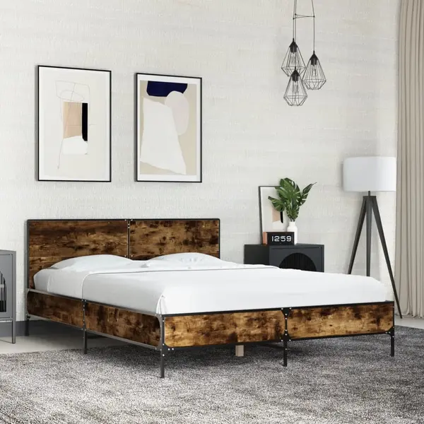 Gossi cadru de pat, stejar fumuriu 140x200 cm lemn prelucrat si metal