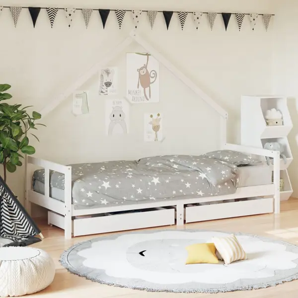 Gossi cadru pat copii cu sertare, alb, 80x200 cm, lemn masiv de pin