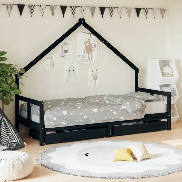 Gossi cadru pat copii cu sertare, negru, 80x200 cm, lemn masiv de pin