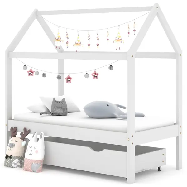 Gossi cadru pat copii cu un sertar, alb, 70x140 cm, lemn masiv de pin