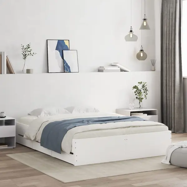 Gossi cadru pat cu sertare alb extralucios 140x190 cm, lemn prelucrat