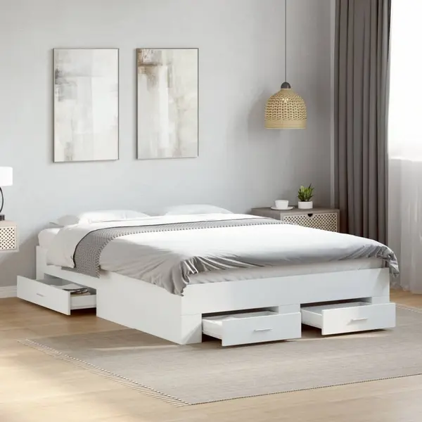 Gossi cadru pat cu sertare alb extralucios 140x190 cm, lemn prelucrat