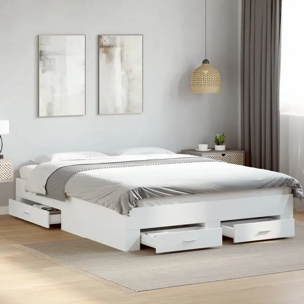 Gossi cadru pat cu sertare alb extralucios 140x200 cm, lemn prelucrat