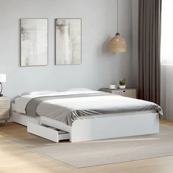 Gossi cadru pat cu sertare alb extralucios 140x200 cm, lemn prelucrat