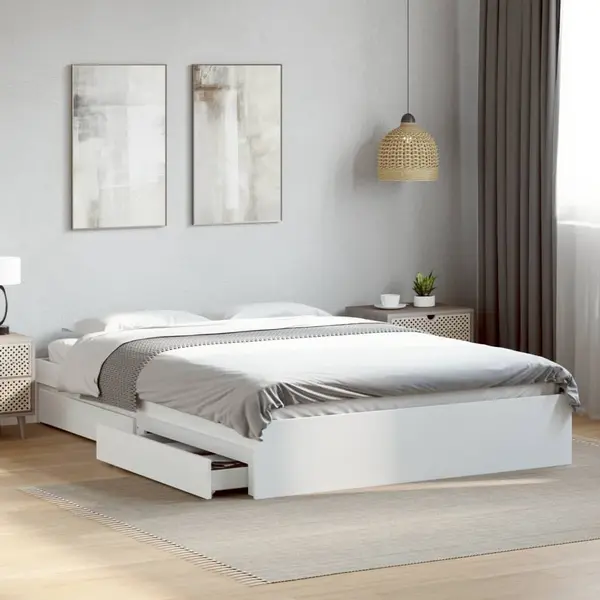 Gossi cadru pat cu sertare alb extralucios 150x200 cm, lemn prelucrat