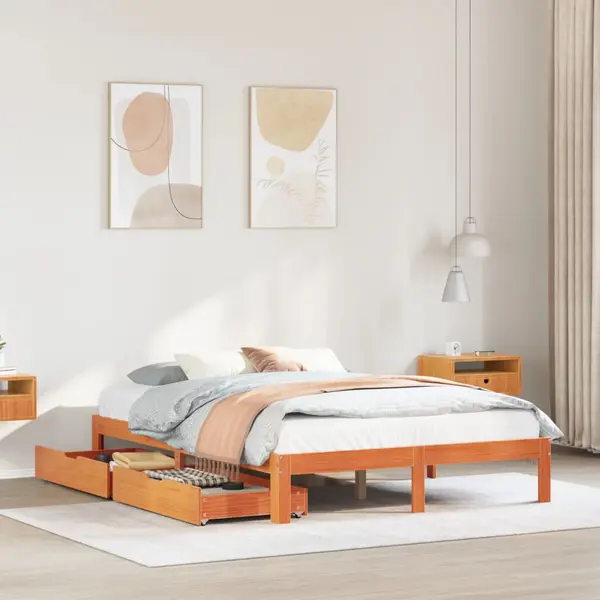 Gossi cadru pat cu sertare maro ceruit, 135x190 cm, lemn masiv de pin