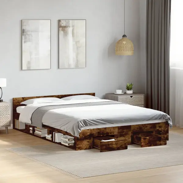 Gossi cadru pat cu sertare stejar fumuriu 140x190 cm lemn prelucrat