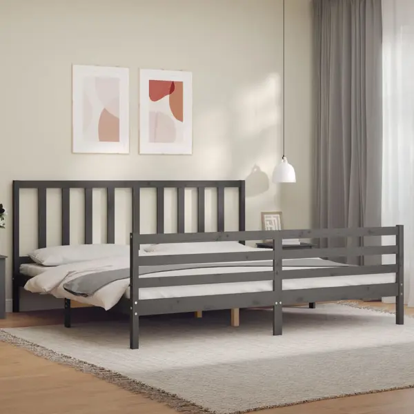 Gossi cadru pat cu tablie 200x200 cm, gri, lemn masiv