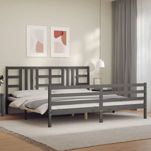 Gossi cadru pat cu tablie 200x200 cm, gri, lemn masiv