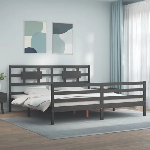 Gossi cadru pat cu tablie 200x200 cm, gri, lemn masiv