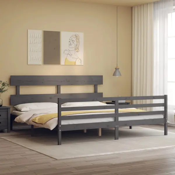 Gossi cadru pat cu tablie 200x200 cm, gri, lemn masiv