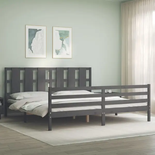 Gossi cadru pat cu tablie 200x200 cm, gri, lemn masiv