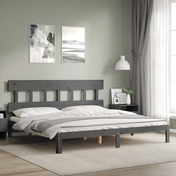 Gossi cadru pat cu tablie 200x200 cm, gri, lemn masiv
