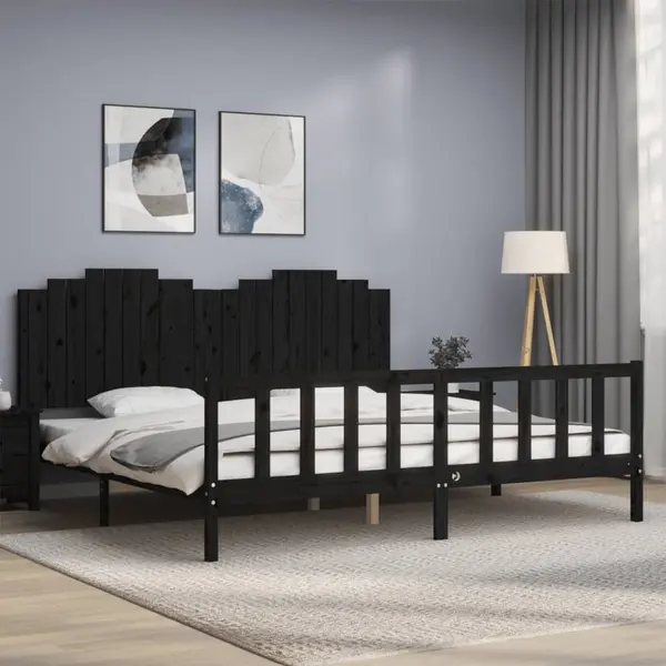 Gossi cadru pat cu tablie 200x200 cm, negru, lemn masiv