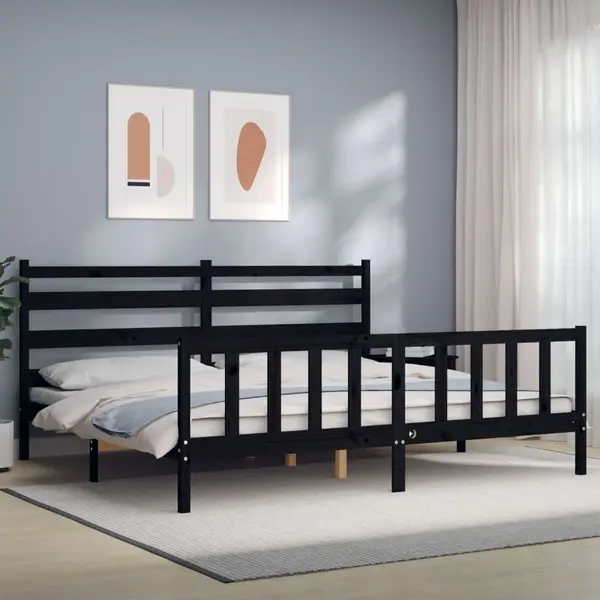 Gossi cadru pat cu tablie 200x200 cm, negru, lemn masiv