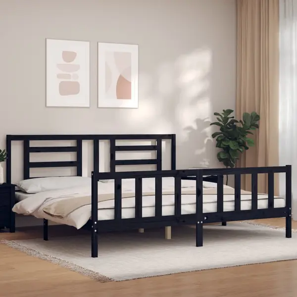 Gossi cadru pat cu tablie 200x200 cm, negru, lemn masiv