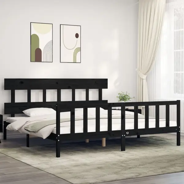 Gossi cadru pat cu tablie 200x200 cm, negru, lemn masiv