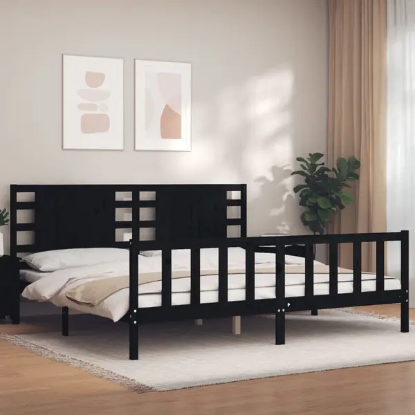 Gossi cadru pat cu tablie 200x200 cm, negru, lemn masiv