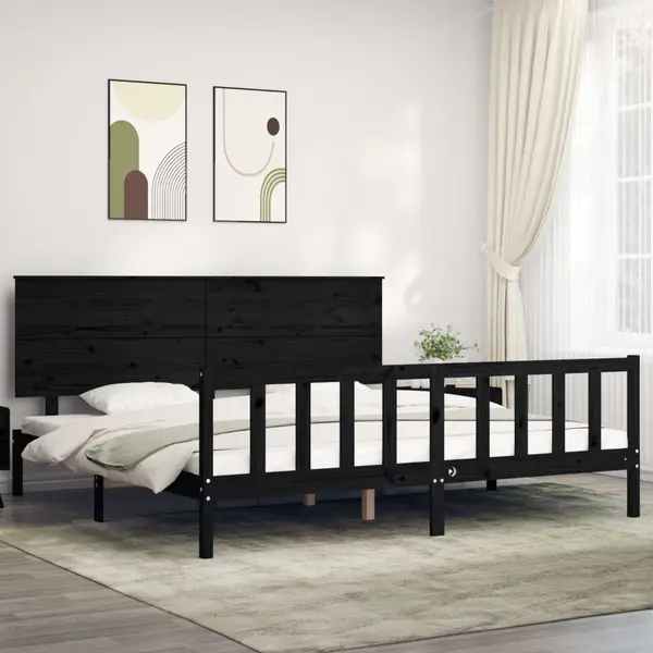 Gossi cadru pat cu tablie 200x200 cm, negru, lemn masiv