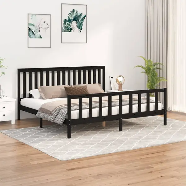 Gossi cadru pat cu tablie 200x200 cm, negru, lemn masiv de pin