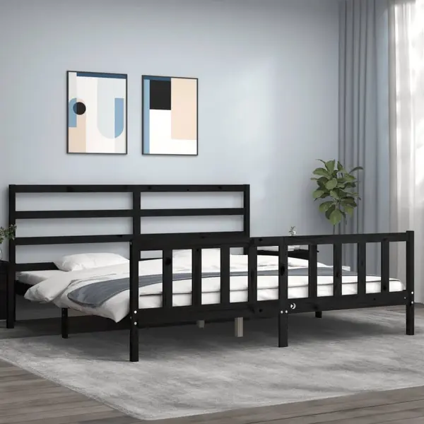 Gossi cadru pat cu tablie 200x200 cm, negru, lemn masiv
